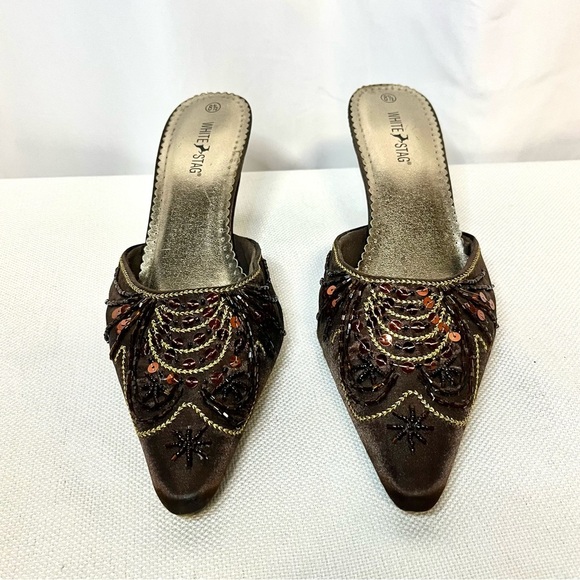 WHITE STAG Bohemian Retro Brown Mules with Bronze & Gold Beaded Embroidery - Picture 1 of 9